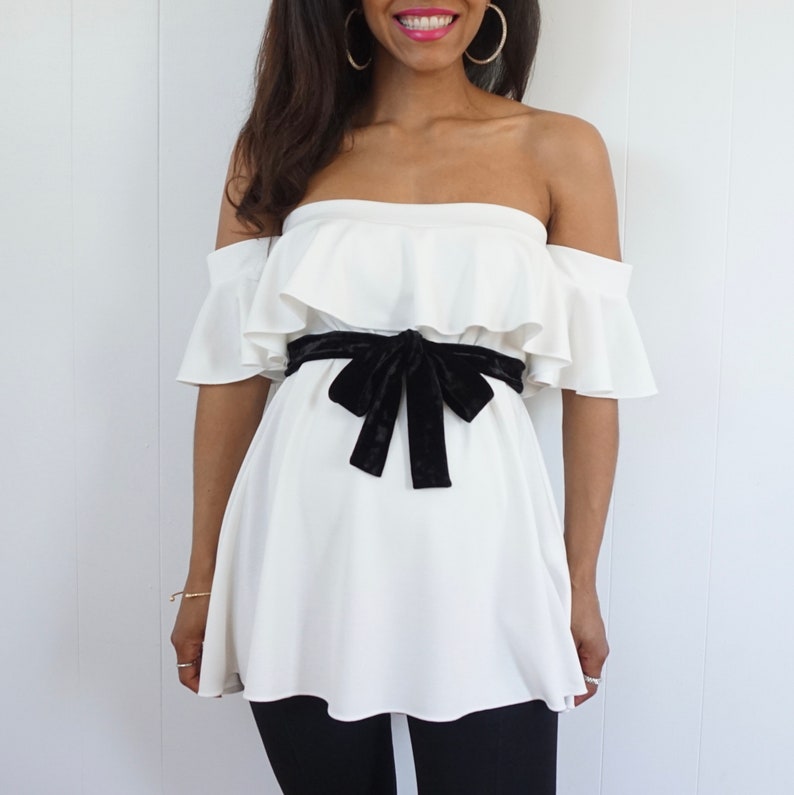 Strapless Maternity Top with Ruffle Detail Ruffle Sleeve Top White Knit Shirt with Ruffles Pretty Maternity top Dressy Maternity shirt image 5