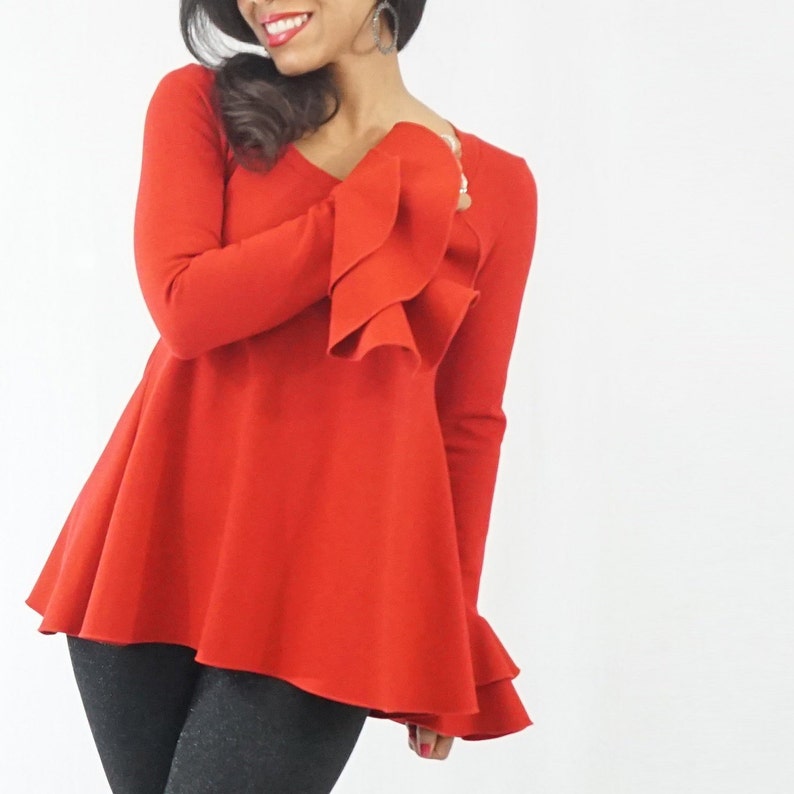 Maternity Top Red Flare Sleeve Top Long Sleeve Shirt with Ruffles Maternity-friendly shirt with Ruffle Sleeves Stylish Maternity Tee image 3