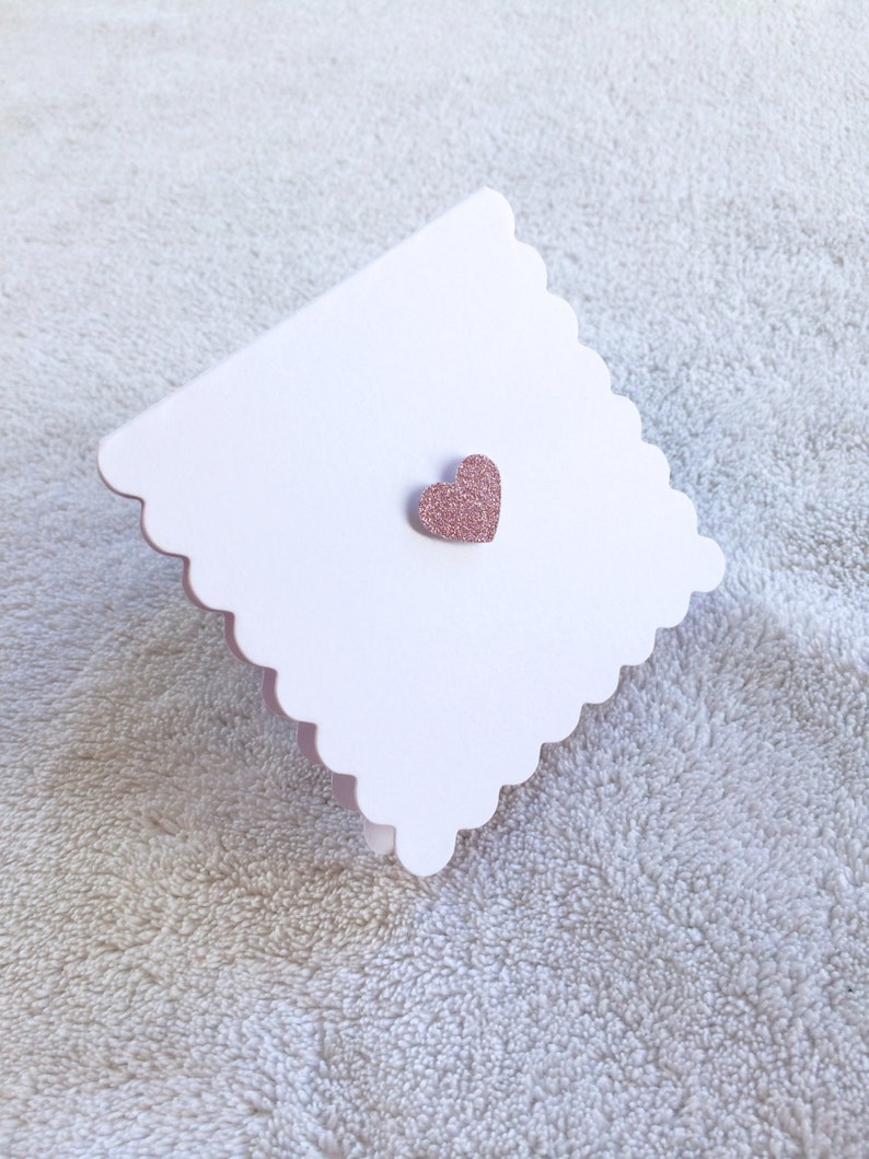 Blank Mini Note Card Scallop Edge Card Glitter Heart Pink Blue Silver Square Scalloped Note Card image 3