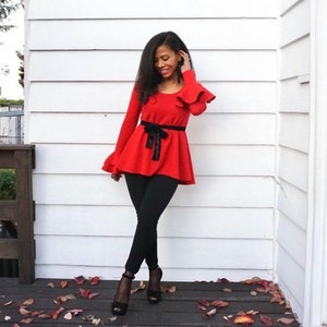 Maternity Top Red Flare Sleeve Top Long Sleeve Shirt with Ruffles Maternity-friendly shirt with Ruffle Sleeves Stylish Maternity Tee image 6