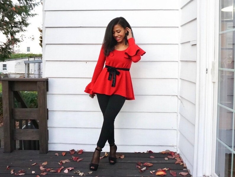 Maternity Top Red Flare Sleeve Top Long Sleeve Shirt with Ruffles Maternity-friendly shirt with Ruffle Sleeves Stylish Maternity Tee image 6