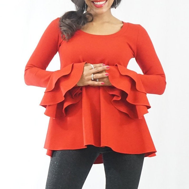 Maternity Top Red Flare Sleeve Top Long Sleeve Shirt with Ruffles Maternity-friendly shirt with Ruffle Sleeves Stylish Maternity Tee image 1