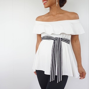 White Off Shoulder Top with Ruffle Detail - White Shirt with Ruffle - White Maternity Shirt - Mother&#39;s Day Outfit - Mother&#39;s Day Gift idea