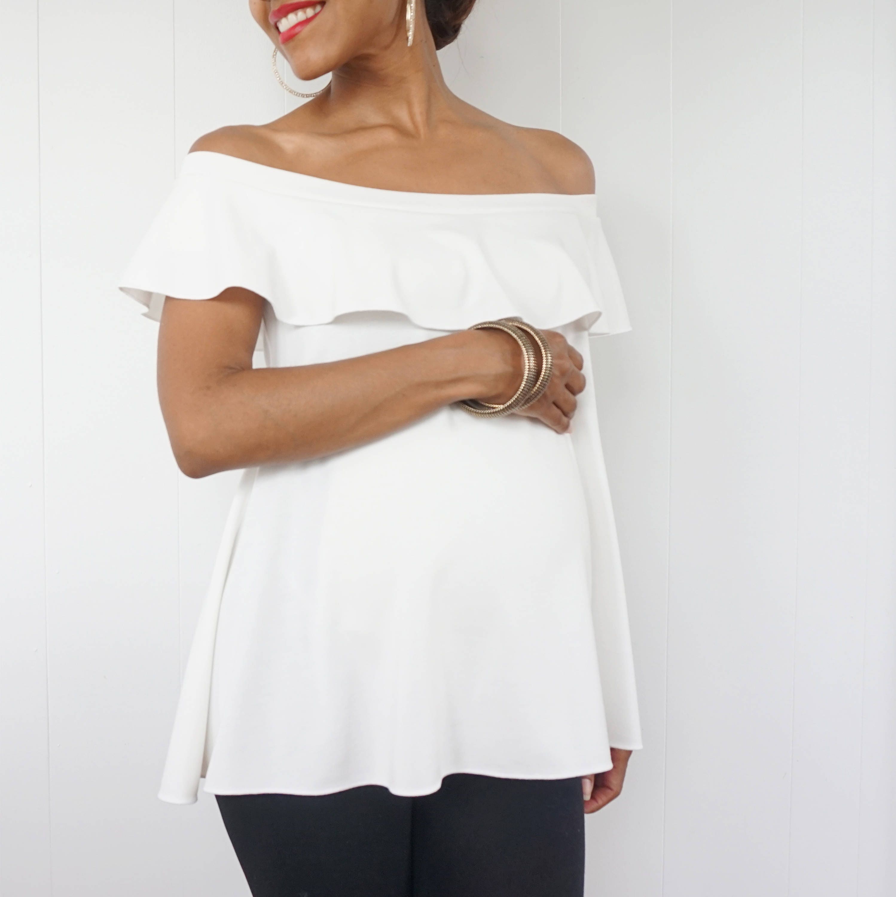 white off the shoulder top with ruffles