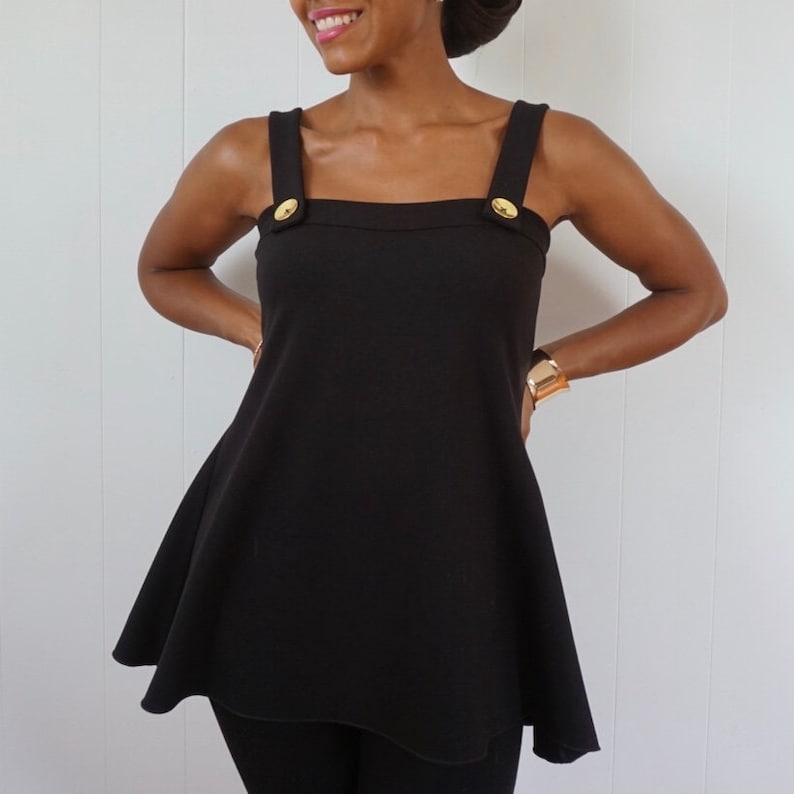 Vintage Maternity Dresses, Clothes, Sewing Patterns Black Tank Top with Wide Strap - Black Tank Top with Gold Buttons - Glamourous Maternity Tank Top - Dressy Maternity Shirt - Black Swing Top $95.00 AT vintagedancer.com
