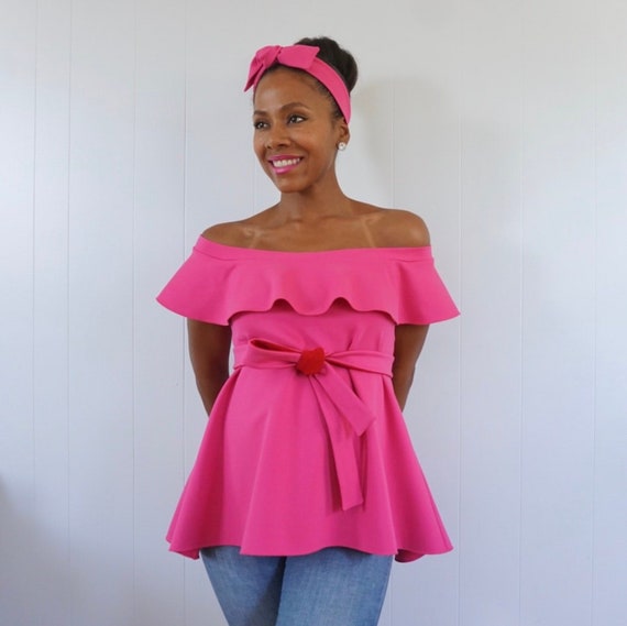 pink ruffle off the shoulder top