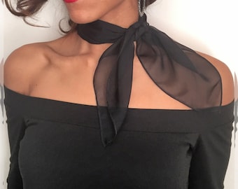Handmade Neck Scarf - Black - Silk Chiffon Scarf - Square Scarf - Neck Tie - Hankerchief - Chiffon Hankerchief - Sheer Black - Scarf Gift