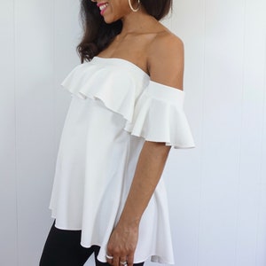 Strapless Maternity Top with Ruffle Detail Ruffle Sleeve Top White Knit Shirt with Ruffles Pretty Maternity top Dressy Maternity shirt image 3