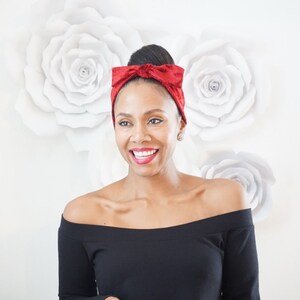 Velvet Headband with Bow - Red Velvet Headband - Velvet Head Tie with Bow - Knit Tie - Holiday Headband with Bow - Red Velvet Hair Bow Gift image 3