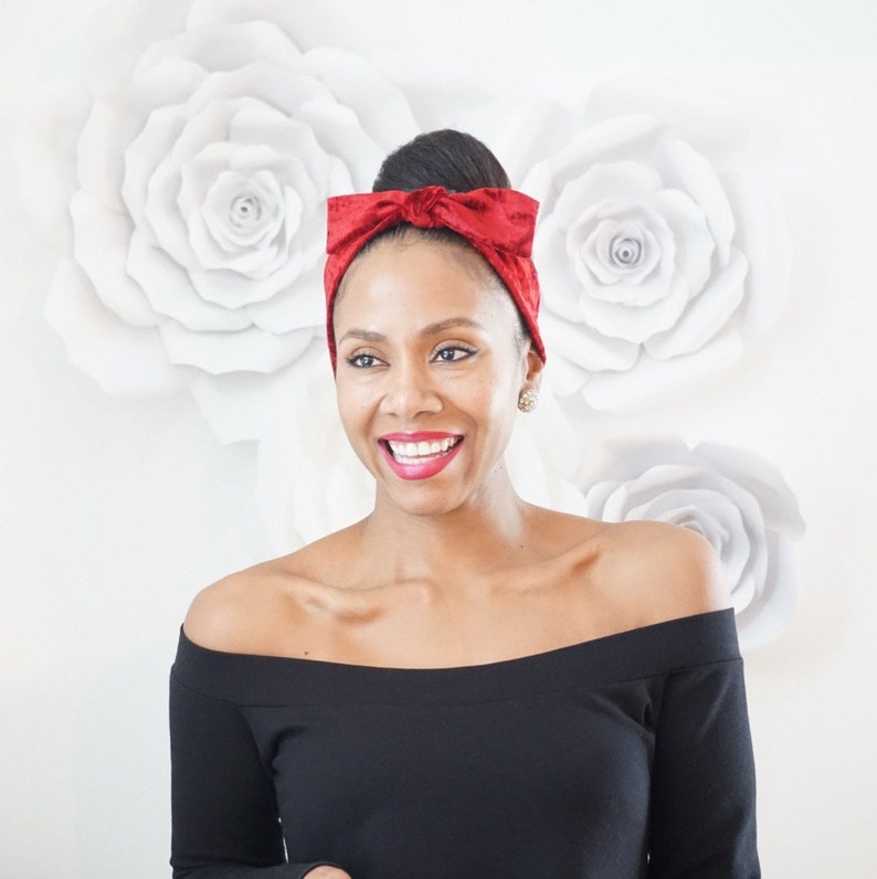 Velvet Headband with Bow - Red Velvet Headband - Velvet Head Tie with Bow - Knit Tie - Holiday Headband with Bow - Red Velvet Hair Bow Gift image 3