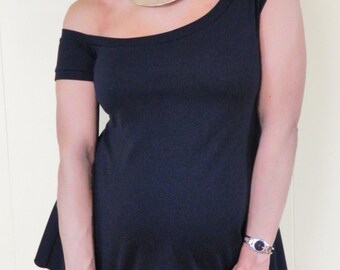 Asymmetrical Maternity Top - Black Off Shoulder Shirt - Asymmetrical Knit Shirt - Black Maternity Shirt - Sexy Maternity Top - Flared Top