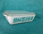 Pyrex Glass Large 503 Refrigerator Jar Butterprint Turquoise Blue and White With Clear Continuous Ribbed Lid