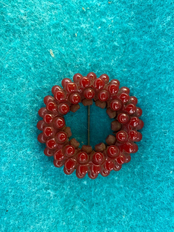 Vintage Red Bakelite Pin or Brooch Wreath Shape w… - image 1