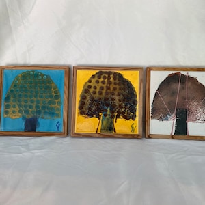 Northroup Danmark Denmark Set of 3 1960s Signe Boesen Hand Painted Ceramic Art Tiles With Mushroom or Tree Signed