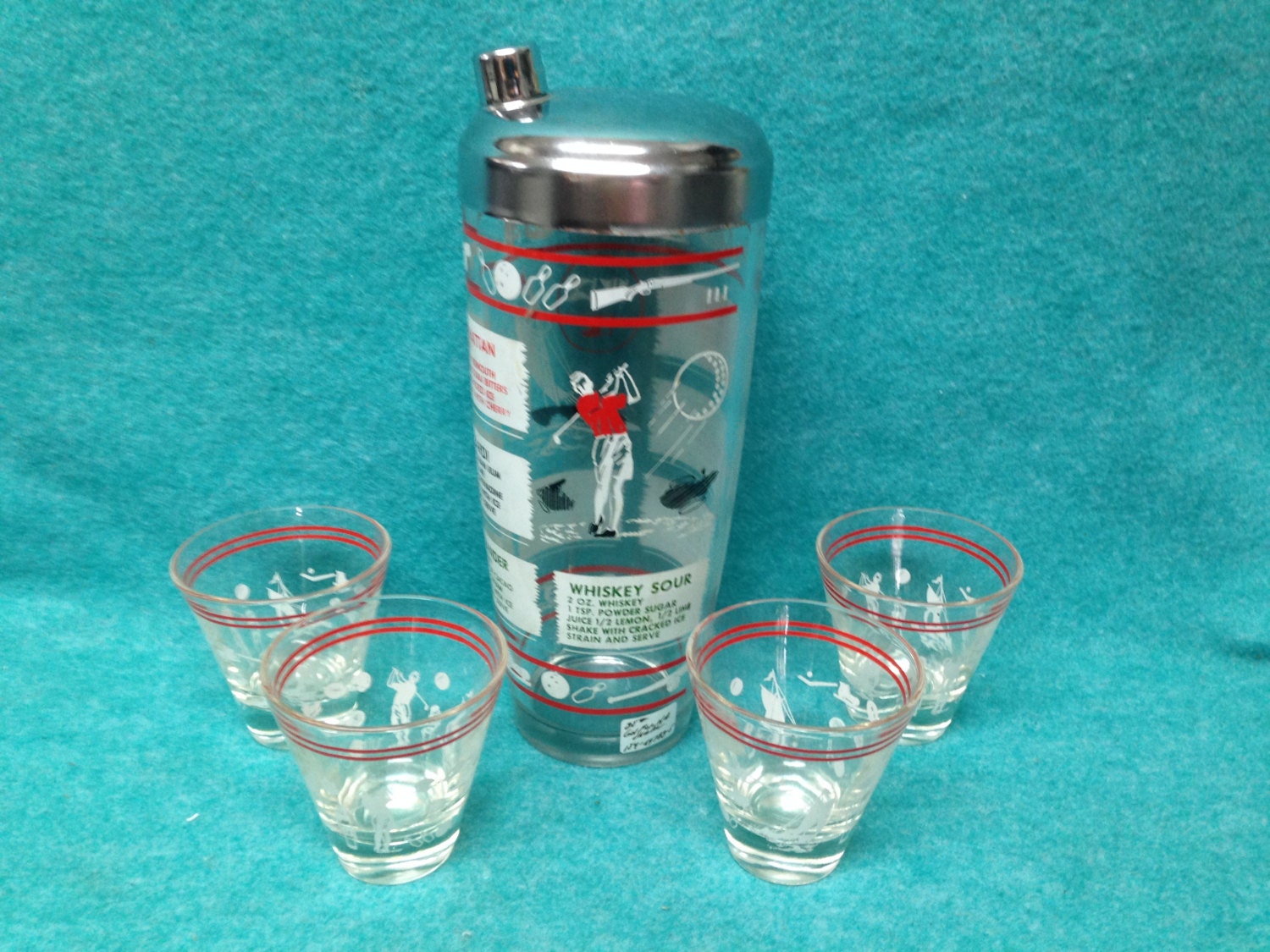 Cocktail Shaker Set Glass Sportsman and Recipes With 4 Glasses