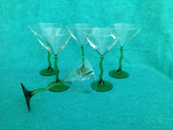 Martini Glasses Set of 6 Novelty Bent Stems in Clear and Green 7 5/8 Tall