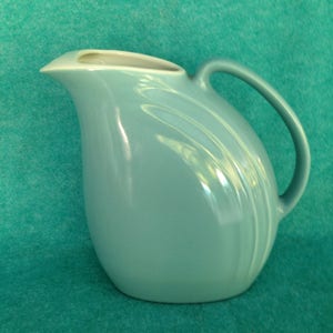 Hall China Pottery "Nora" Ice Lip Water Pitcher Turquoise Blue White Interior