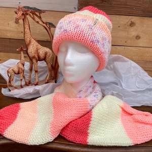 Ladies hat and scarf set hand knitted one size multi colour double sided hat warm winter hat women&#39;s teenager birthday gift