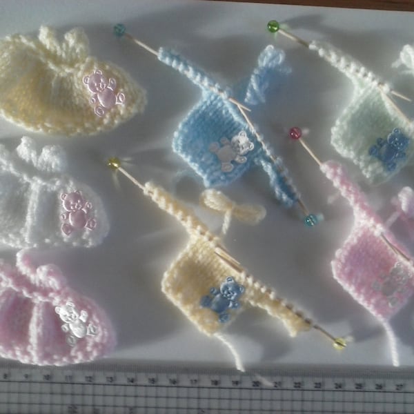 Cardmaking embellishments Mini Baby Jumpers on needles & Dresses 7 items New baby or baby shower cards craft Hand Knitted papercraft