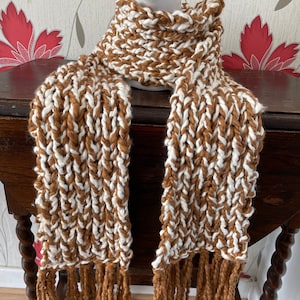 Ladies scarf brown and cream heavy weigh warm soft feel hand knitted