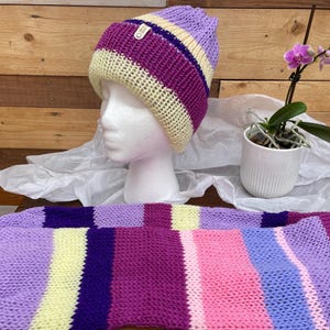 Ladies hat and scarf set hand knitted one size multi colour double sided hat warm winter hat women&#39;s teenager birthday gift