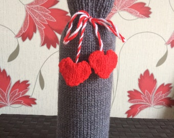 Valentine Bottle Bag gift with Jumpers or red hearts hand made gift bag knitted secret Santa