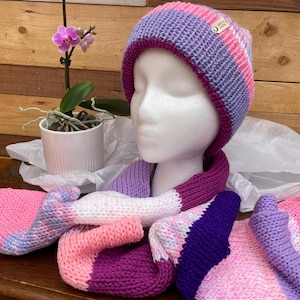 Ladies hat and scarf set hand knitted one size multi colour double sided hat warm winter hat women&#39;s teenager birthday gift