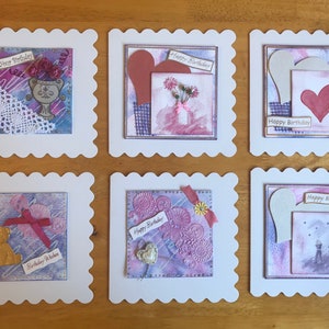 6 x birthday cards ladies / teenagers birthday cards. Hand made 6 inch square