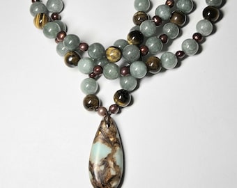 Imperial Jasper Pendant Necklace, Green Jade , Brown Tiger Eye Beads