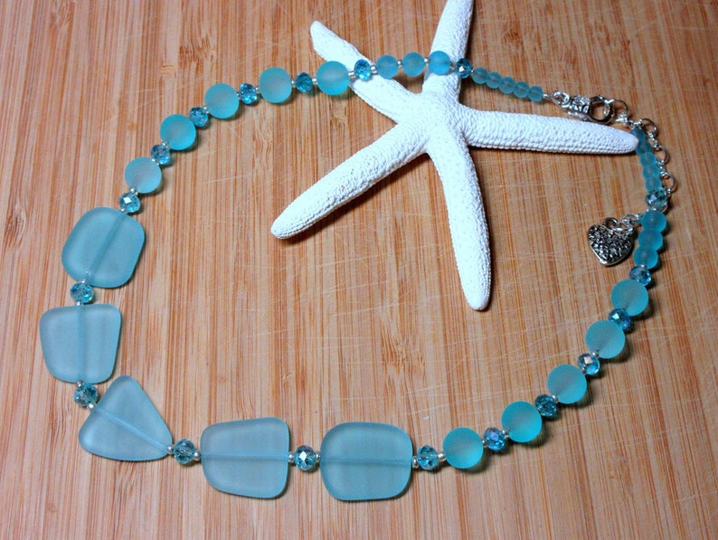 Beach Sea Glass Necklace Gift for Her Necklace by BethExpressions Heart Charm Florida Souvenir Blue Sea Glass Blue Beaded Necklace