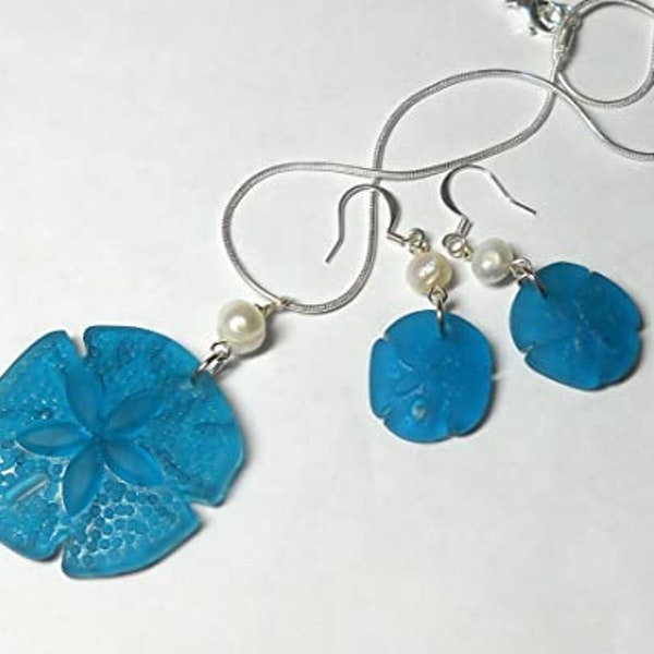 Sea Glass Sand Dollar - Teal - Pendant Necklace Earrings Cultured Pearls, Beach Jewelry, Gift for Her by BethExpressions