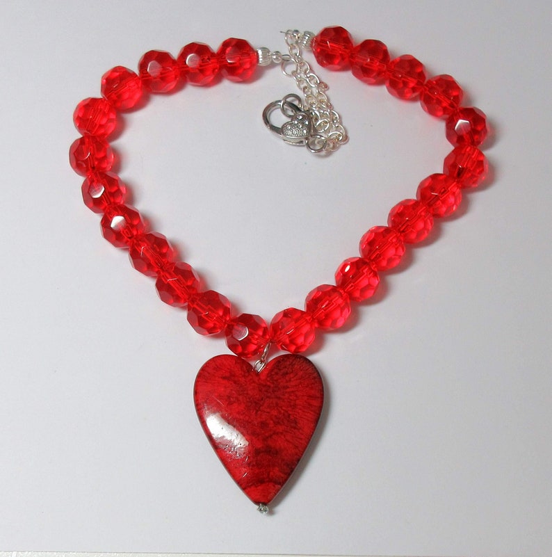 Gift for Wife by BethExpressions Red Beaded Necklace with Red Heart Pendant Valentines Day Jewelry