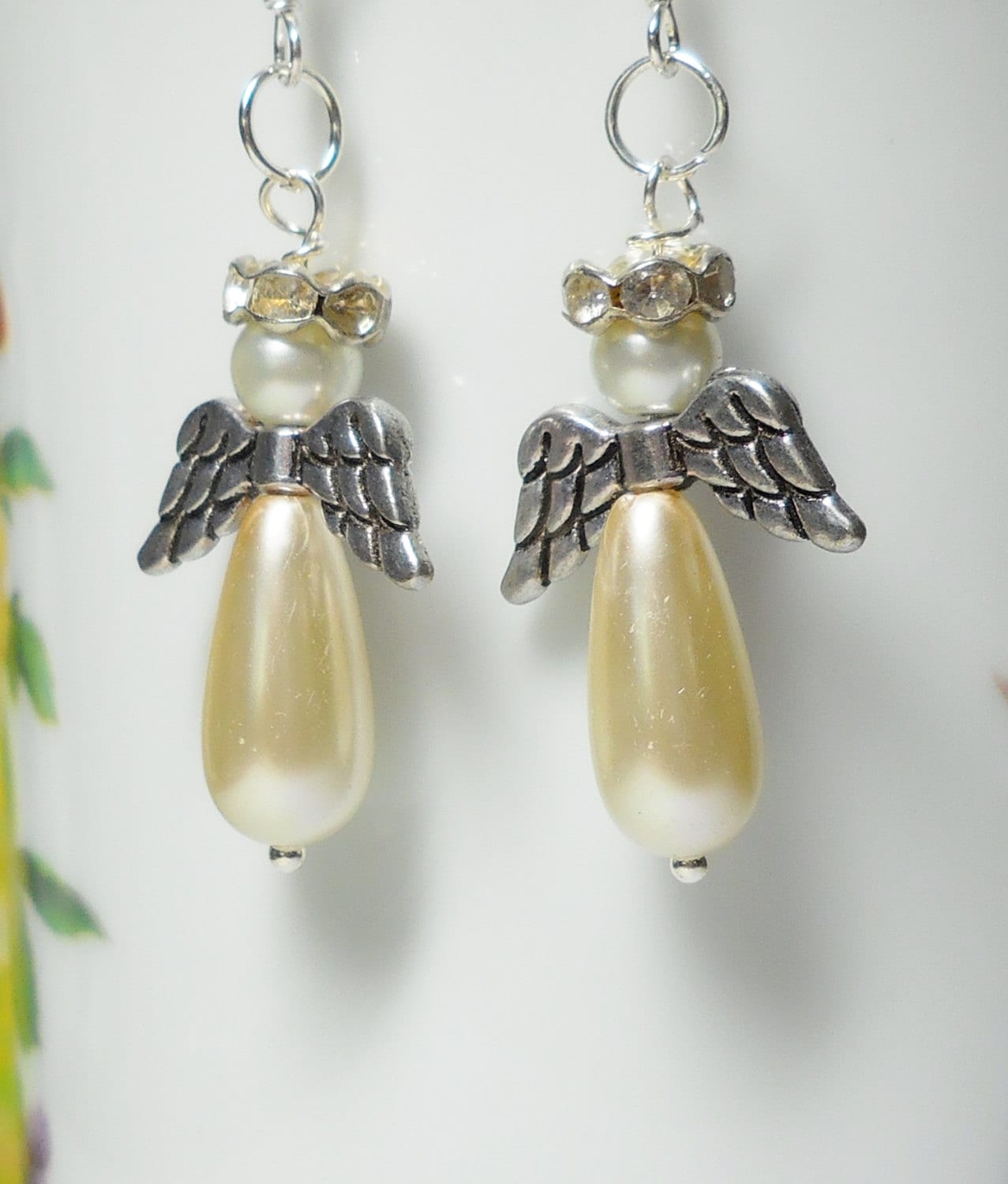 Angel Earrings Christmas Beaded Earrings Angel Wings, Ivory Pearls Silver Wings, Angels, Silver 