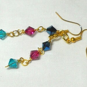 Gold earrings, red blue turquoise Swarovski crystals jewelry, gold beaded earrings, Florida souvenir beach jewelry, romantic gift handmade