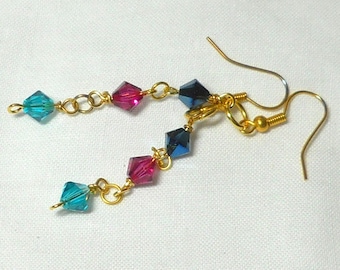 Gold earrings, red blue turquoise Zwarovski crystals jewelry, gold beaded earrings, Florida souvenir beach jewelry, romantic gift handmade