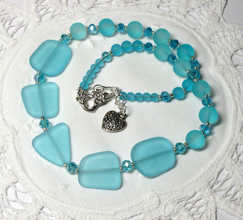Beach Sea Glass Necklace Gift for Her Necklace by BethExpressions Heart Charm Florida Souvenir Blue Sea Glass Blue Beaded Necklace