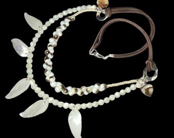 Boho Leather Beaded Necklace, 2 Strand Layering Necklace
