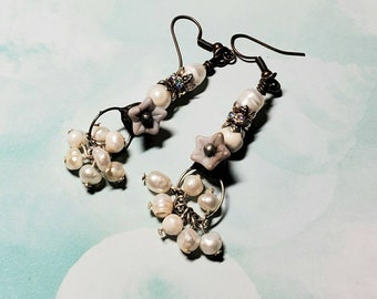 Artisan Earrings, Freshwater Pearl Jewelry,Flower Earrings, Brass Earring Hooks, Dangle and Drop Earrings, Pearls Flowers by BethExpressions