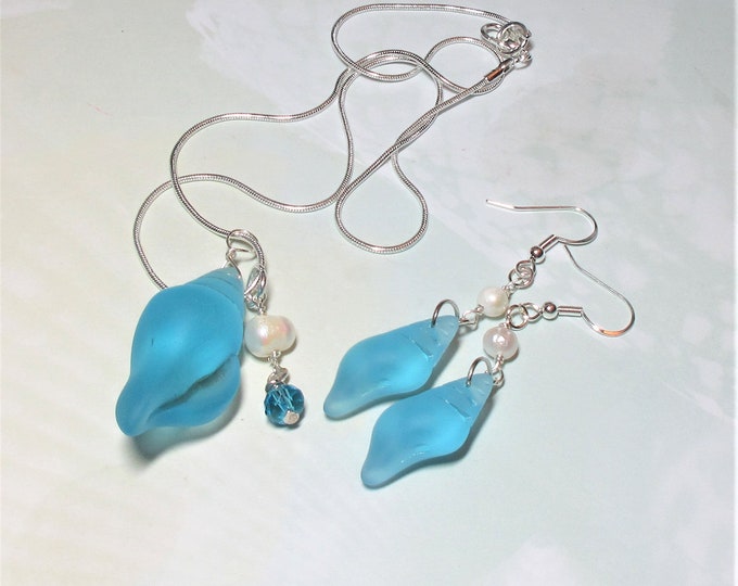 Aqua Blue Sea Glass Conch Shell Pendant and Earrings, Turquoise Conch Shell Jewelry Set, SeaGlass Jewelry, Beach Necklace by BethExpressions