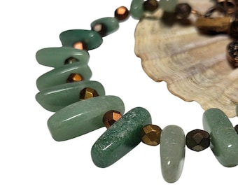 Gemstone Necklace, Natural Green Aventurine Stick Beads, Fan Necklace