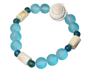 Beach Bracelet, Blue and White Chunky Shell Beaded Jewelry, Stretch Bracelet by BethExpressions