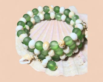 Frosted Green Sea Glass Beaded Bracelet with Earrings