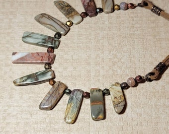 Gemstone Necklace, Natural Jasper Stick Beads, Fan Necklace