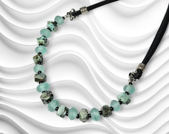 African Sea Glass and African Turquoise Jasper Beads Necklace with Black Leather