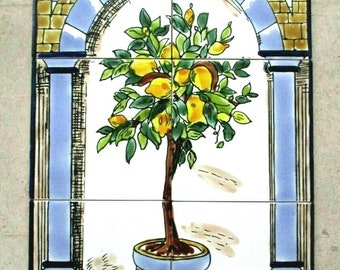 12" x 18" Hand painted Citrus Lemon Tree Ceramic tile Art Wall mural panel Backsplash