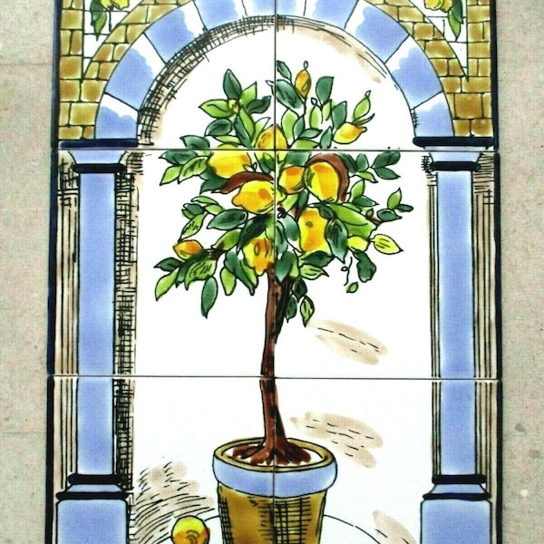 12 "x 18" Dipinto a mano Citrus Lemon Tree Piastrella in ceramica Art Pannello murale Backsplash