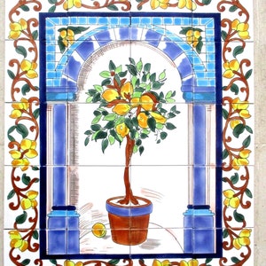 24" x 30" セラミックタイルアート モザイク壁画パネル 花柄 レモンツリー バックスプラッシュ