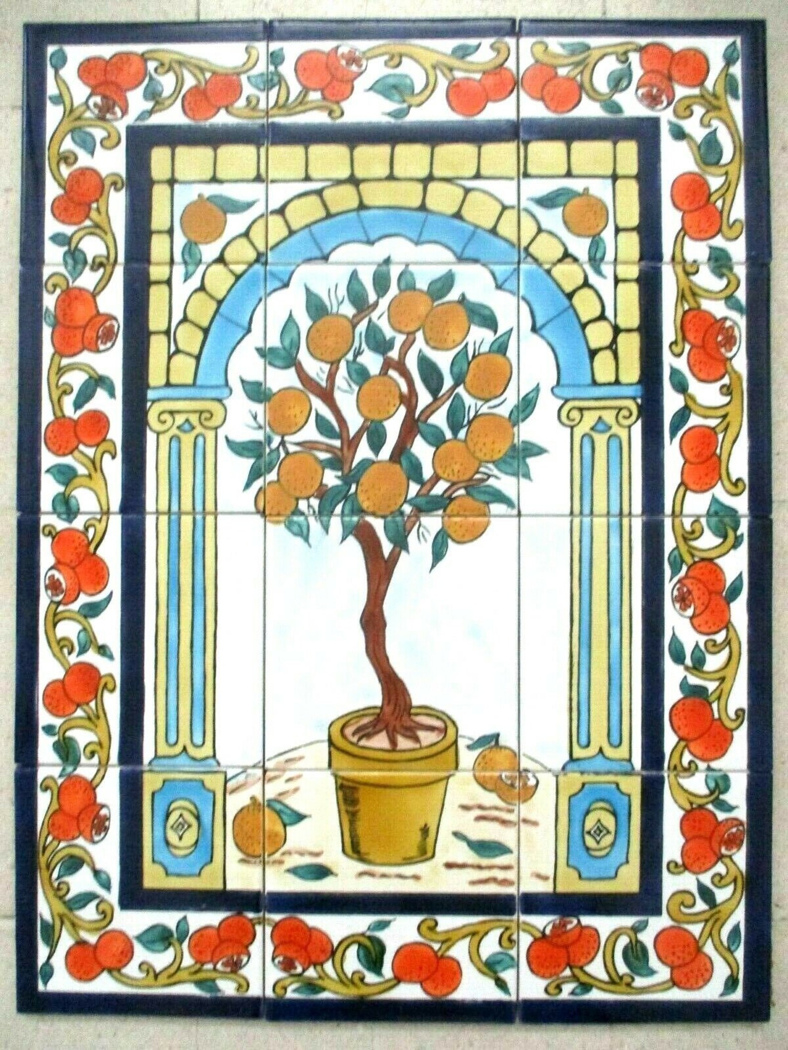 Hand Painted Ceramic Tile Art Mosaic Wall Mural Citrus Orange Tree BACKSPLASH 18 X 24backsplah