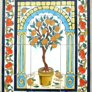 May include: A tile mural depicting an orange tree in a terracotta pot, framed by a border of orange blossoms and leaves. The tree is set against a blue and yellow archway, with columns on either side.