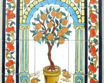 Hand Painted Ceramic tile art Mosaic wall mural Citrus Orange Tree BACKSPLASH 18" x 24"BACKSPLAH 18" x 24"